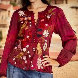 JOHNNY WAS WorkShop Burgundy Heavily Embroidered Top is New w/o Tags! Size Small